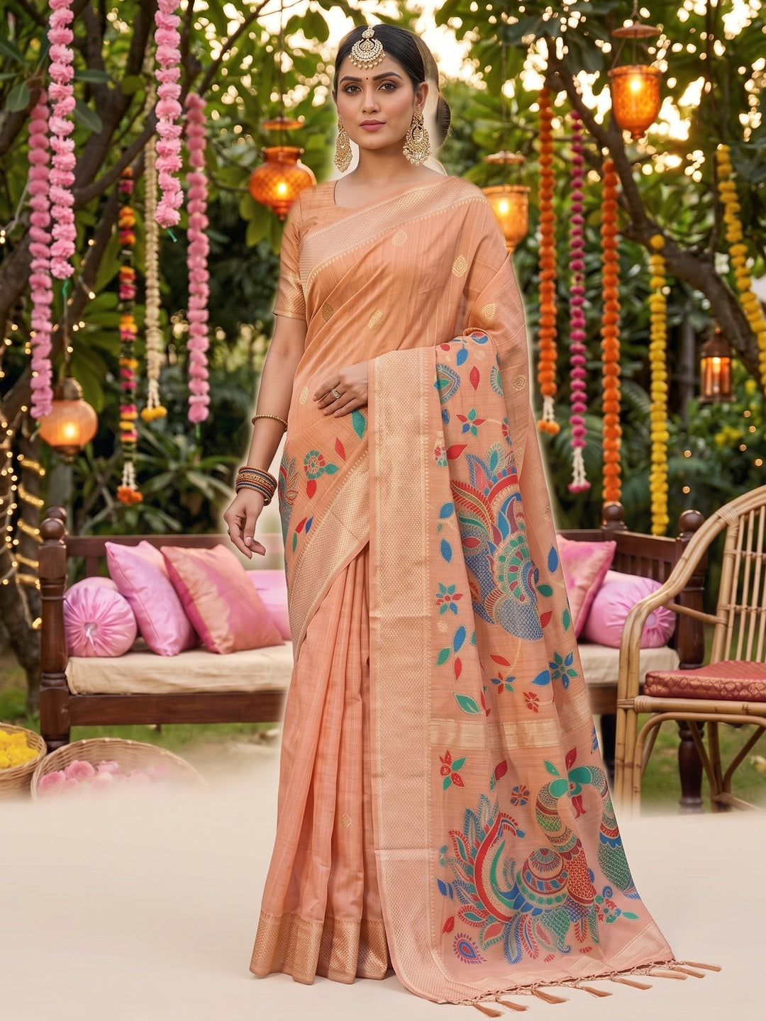 Classic Peach Floral Weaving Tissue Saree Enhanced With Peacock Motif Pallu & Tassels - Image 3