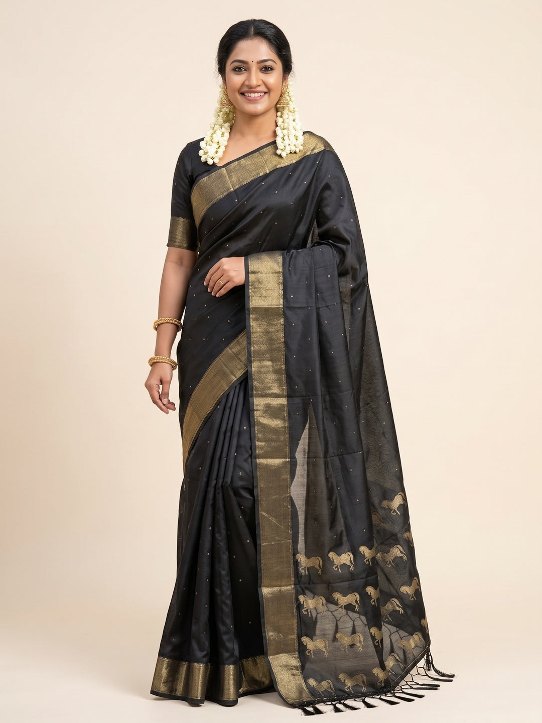 Majestic Black Horse Motif Woven Soft Silk Blend Saree With Designer Tassel Pallu - Image 3