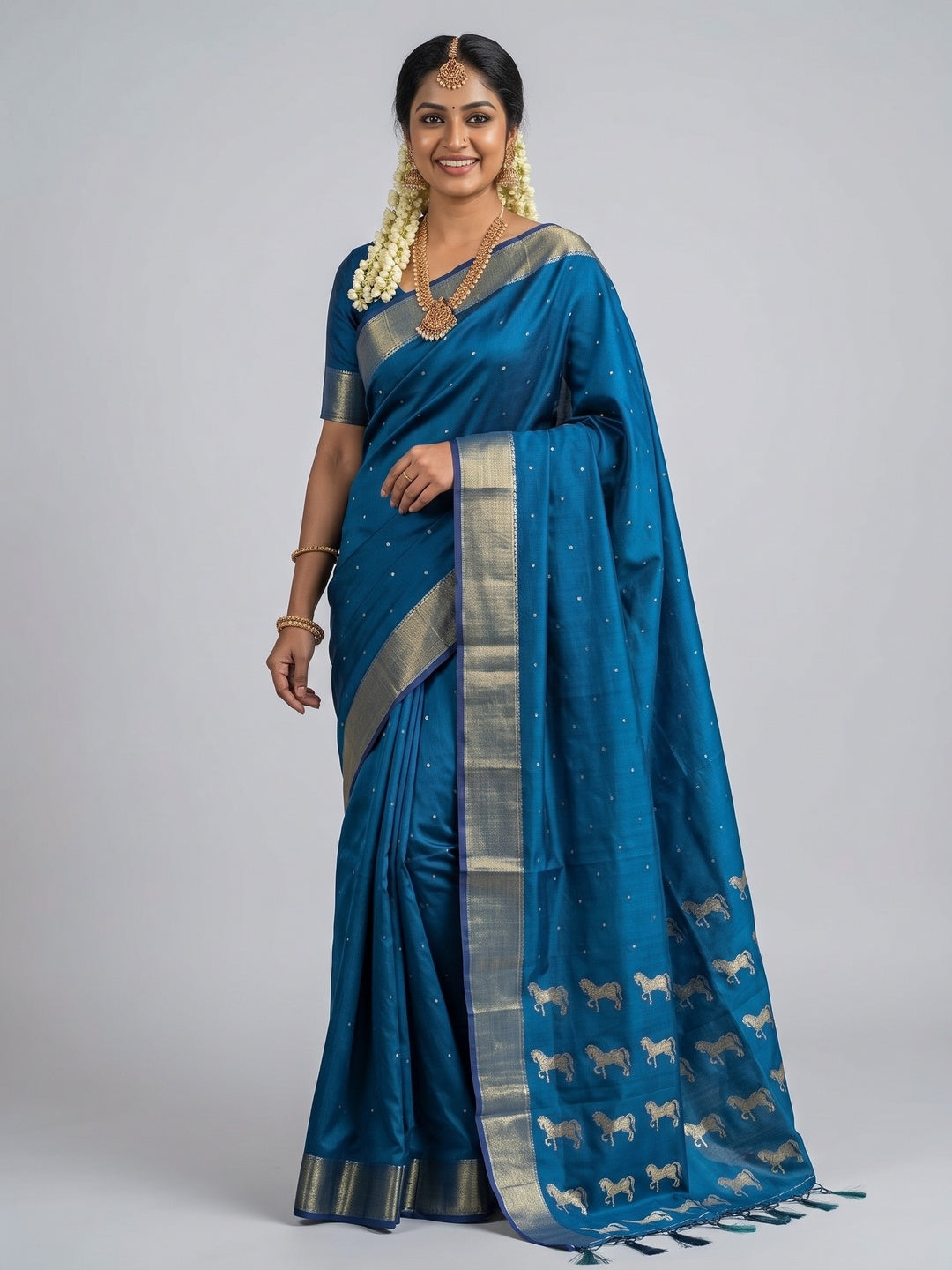 Majestic Blue Horse Motif Woven Soft Silk Blend Saree With Designer Tassel Pallu - Image 3