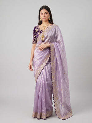 Peachmode Lavender Fandy Satin Saree with Sequins and Zari Embroidery - Image 2