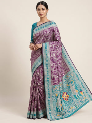 Elegant Purple Weaving Cotton Silk Saree Accented With Detailed Madhubani Folk Art Work - Image 1