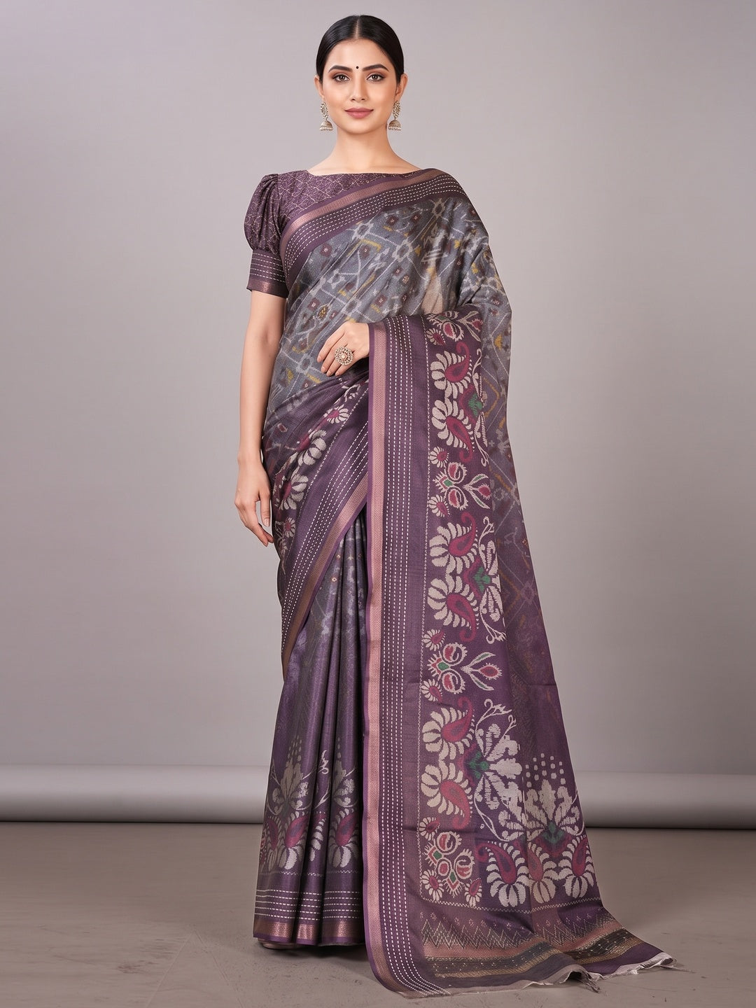 Classic Wine & Grey Digital Patola Printed Silk Blend Saree With Fine Zari Woven Border - Image 3