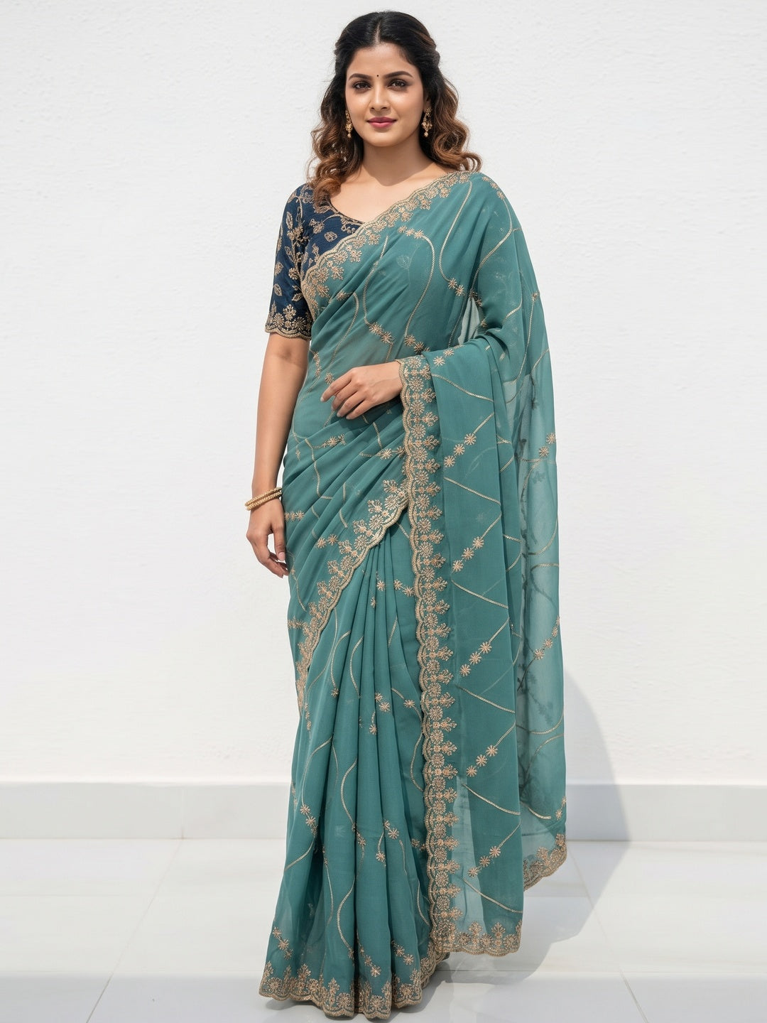 Sophisticated Teal Georgette Saree Showcasing Sequins & Golden Thread Embroidery - Image 3
