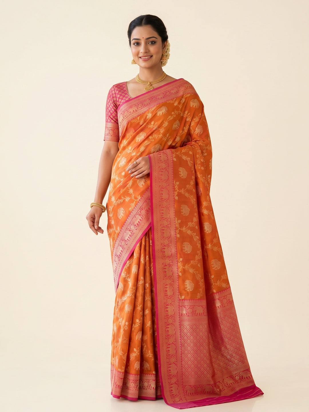 Elegant Orange Silk Blend Woven Zari Saree with Intricate Elephant Motifs - Image 3