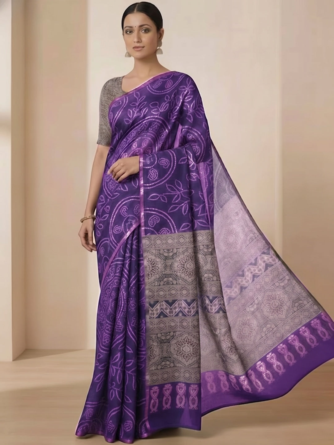 Purple Linen Saree with Bandhani Print and Ethnic Motifs - Image 3