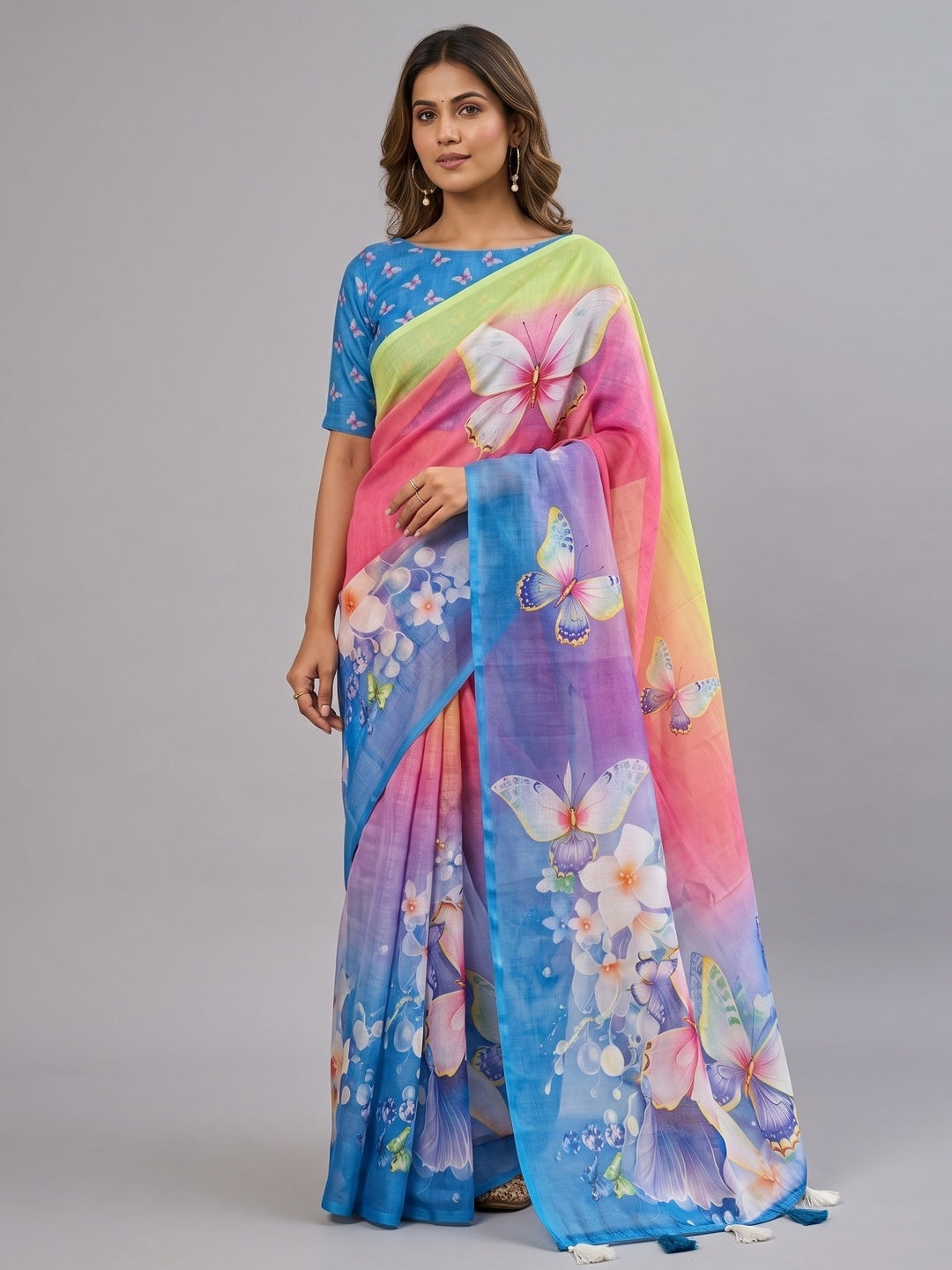 Luxe Multicolor Pastel Ombre Saree With Floral Digital Print & Butterfly Accent Work - Image 3