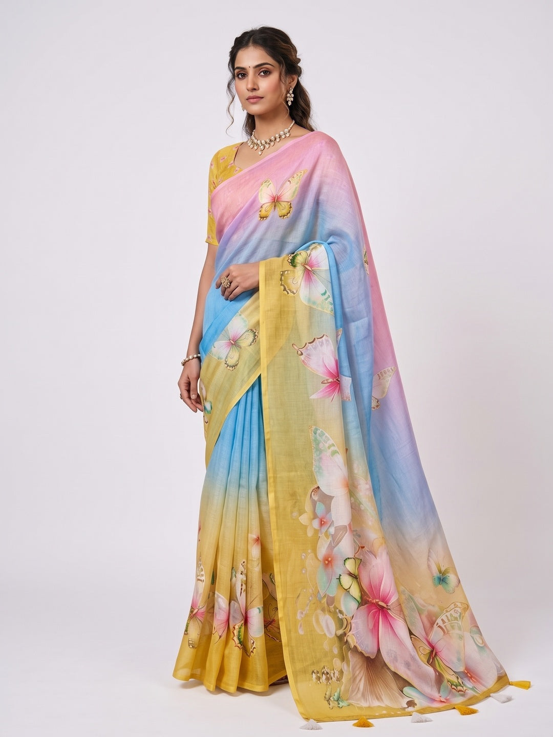 Premium Multicolor Floral Digital Print Saree With Ombre Effect & Butterfly Detailing Work - Image 3