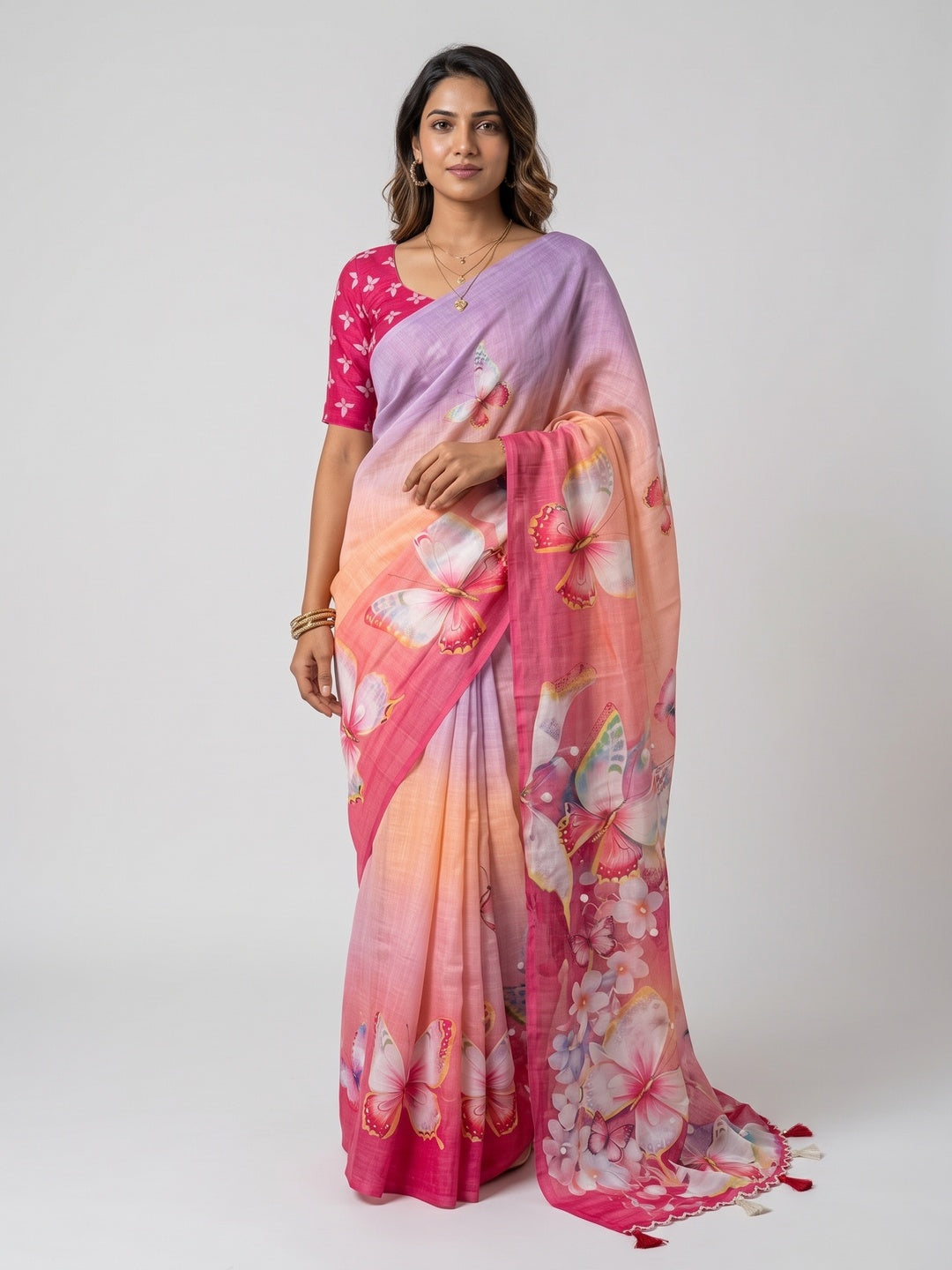 Radiant Multicolor Contemporary Ombre Floral Printed Saree With Butterfly Design Work - Image 3