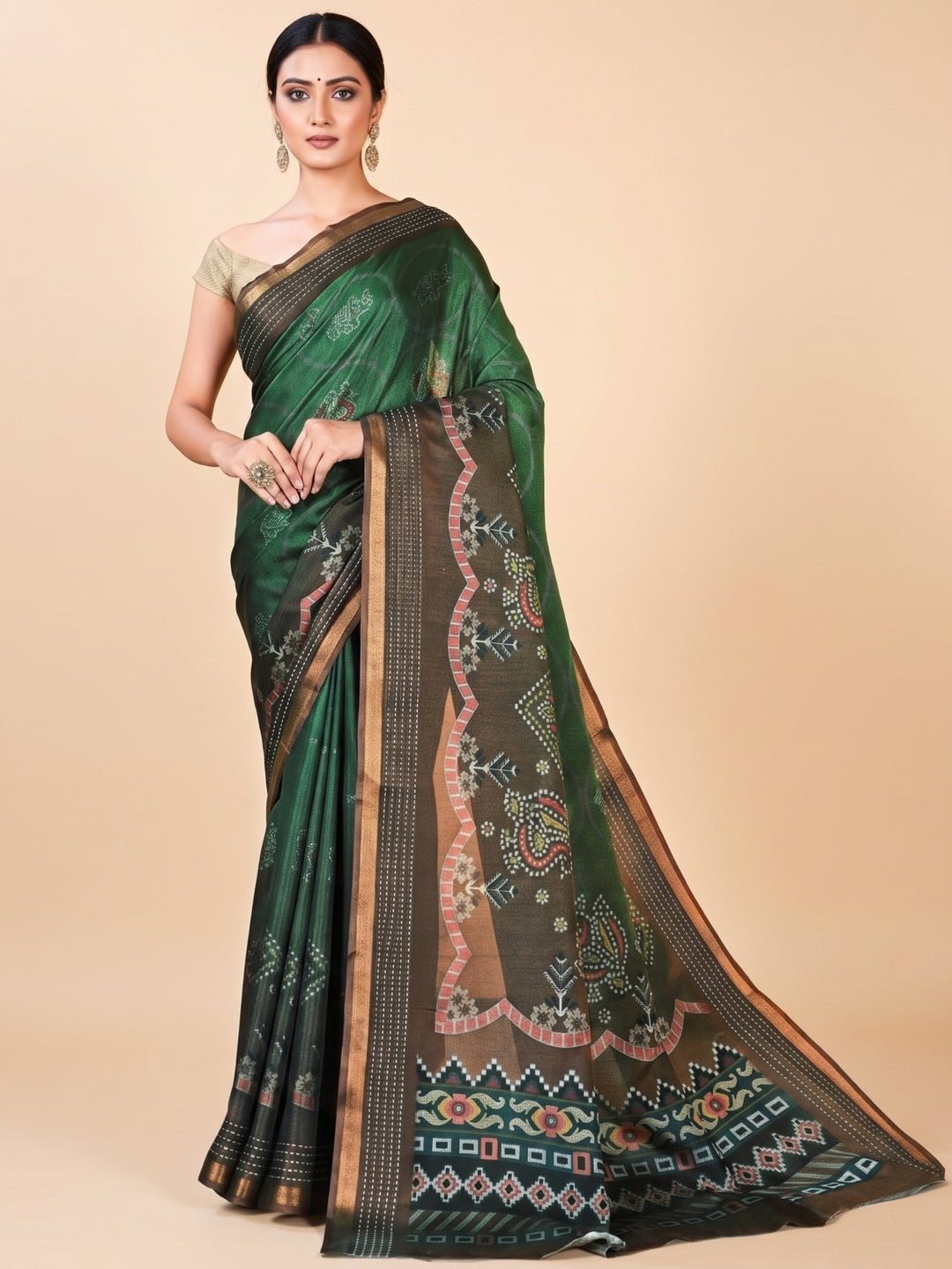 Classic Brown & Green Digital Patola Printed Silk Blend Saree With Fine Zari Woven Border - Image 3