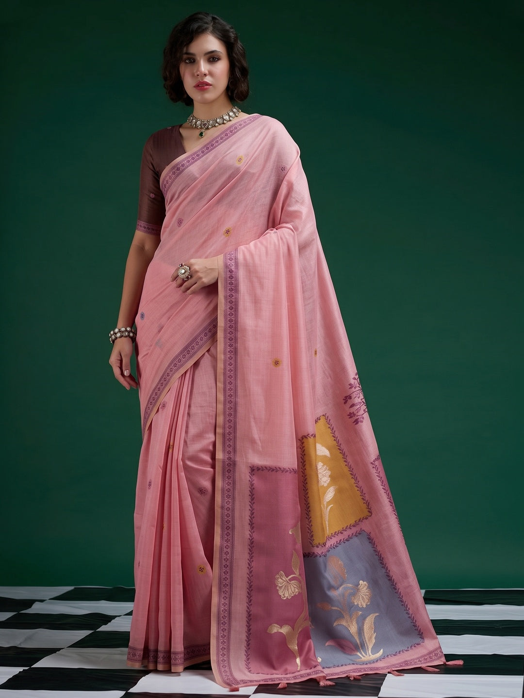 Designer Pink Jamdani Cotton Silk Saree With Floral Zari Weaving & Tassel Pallu - Image 3