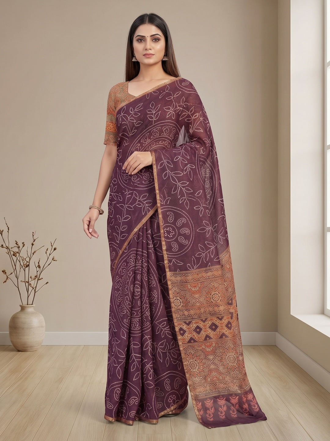 Wine Linen Saree with Bandhani Print and Ethnic Motifs - Image 3