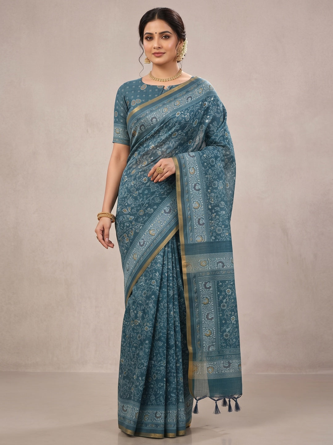 Elegant Blue Linen Saree with Floral Print and Golden Border - Image 3