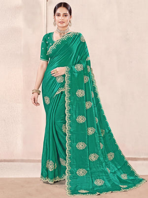 Luxury Green Floral Zari Embroidery With Sparkling Diamond Work Organza Satin Silk Saree - Image 1