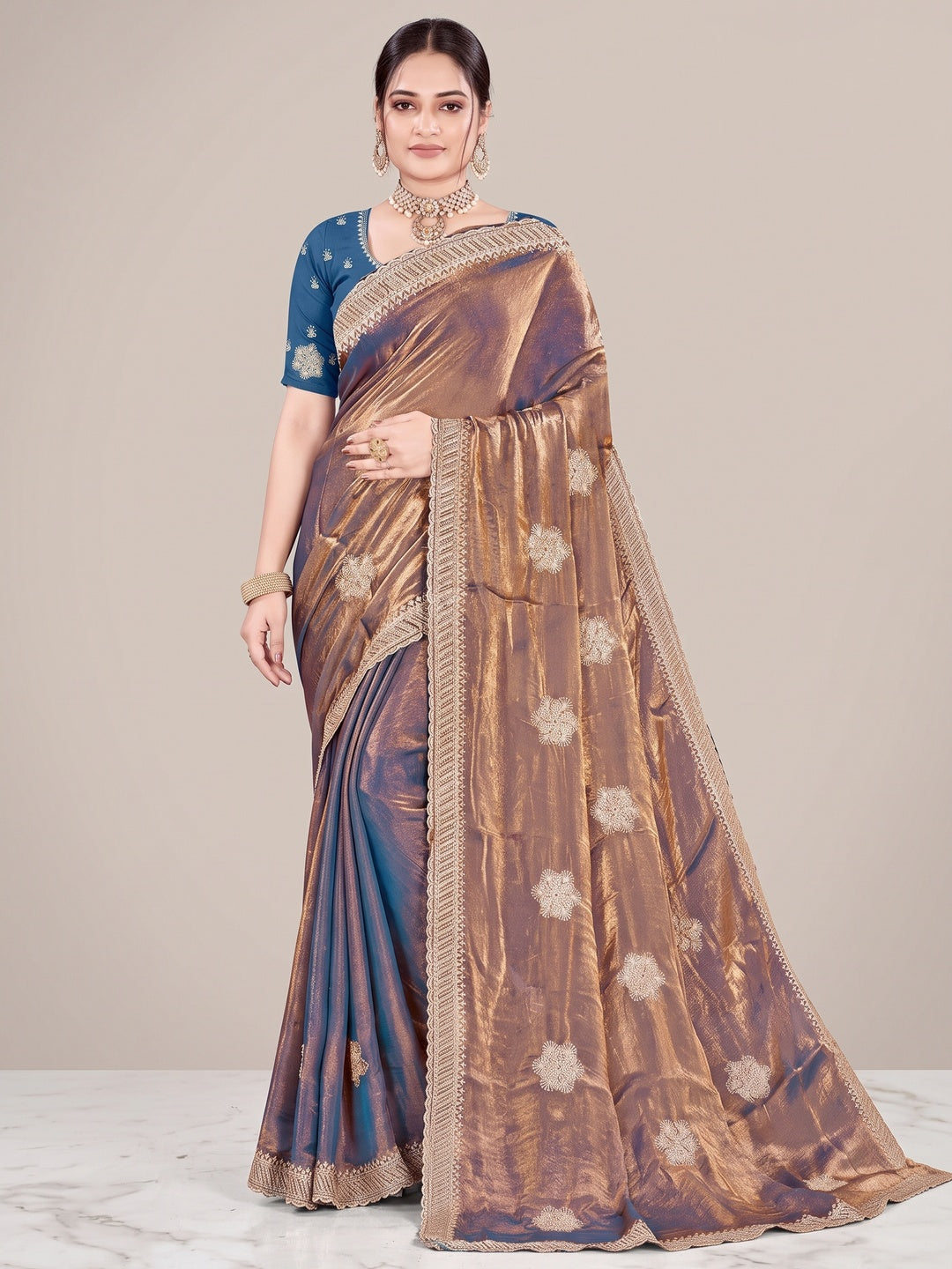 Designer Blue Floral Zari Embroidery Organza Satin Silk Saree Featuring Diamond Work - Image 1