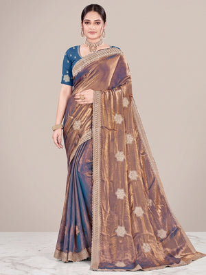 Designer Blue Floral Zari Embroidery Organza Satin Silk Saree Featuring Diamond Work - Image 1