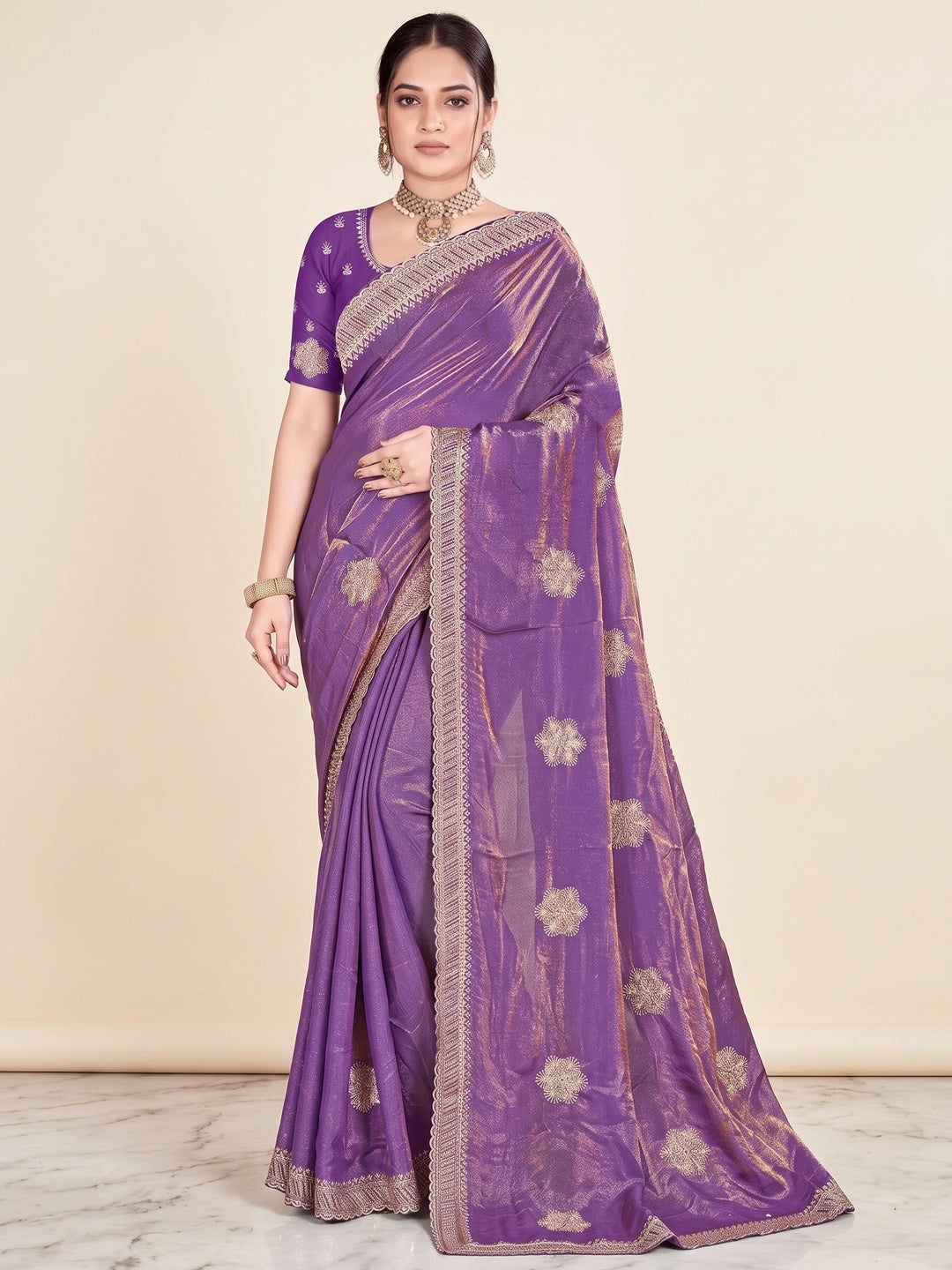 Designer Purple Floral Zari Embroidery Organza Satin Silk Saree Featuring Diamond Work - Image 1