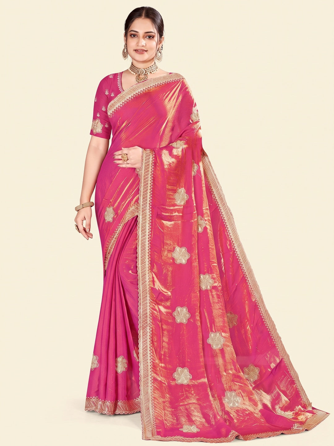 Designer Pink Floral Zari Embroidery Organza Satin Silk Saree Featuring Diamond Work - Image 1