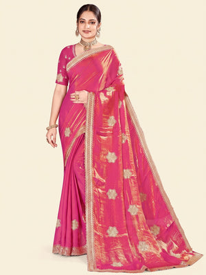 Designer Pink Floral Zari Embroidery Organza Satin Silk Saree Featuring Diamond Work - Image 1