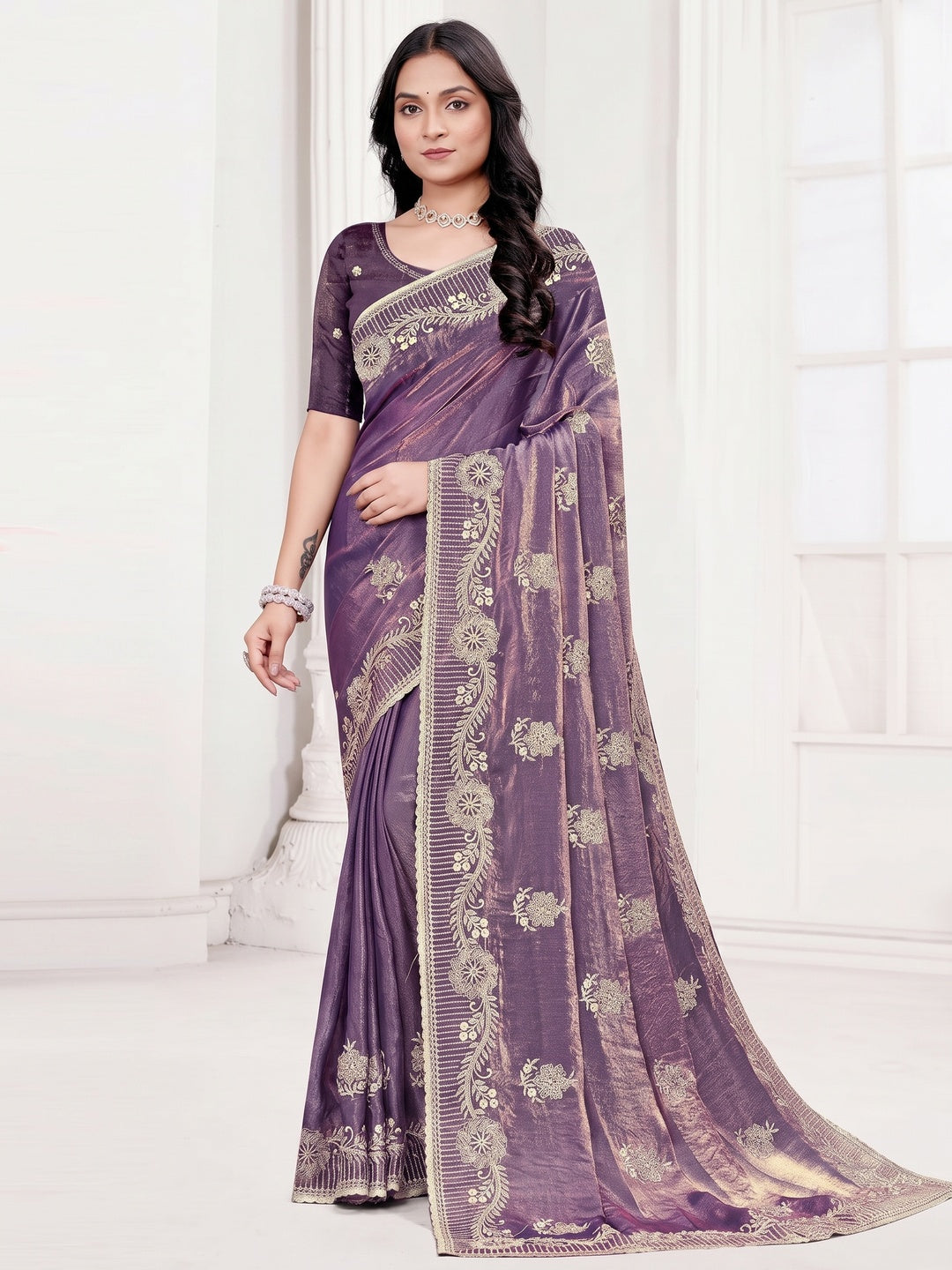 Classic Violet Floral Embroidered Organza Satin Silk Saree With Dazzling Diamond Work - Image 1