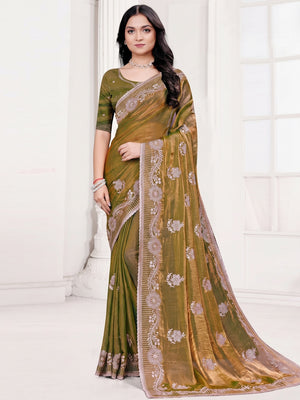 Classic Green Floral Embroidered Organza Satin Silk Saree With Dazzling Diamond Work - Image 1