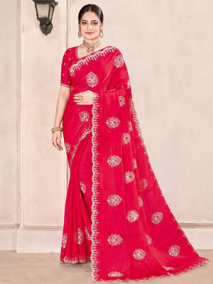 Luxury Pink Floral Zari Embroidery With Sparkling Diamond Work Organza Satin Silk Saree - Image 1