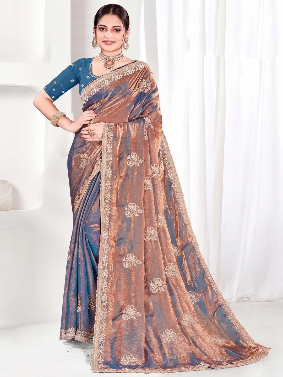Classic Blue Floral Embroidered Organza Satin Silk Saree With Shimmering Diamond Work - Image 1