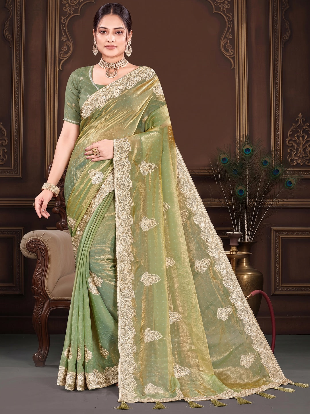 Stylish Green Floral Embroidered Organza Satin Silk Saree With Diamond Work Finish - Image 1