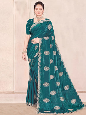 Luxury Teal Floral Zari Embroidery With Sparkling Diamond Work Organza Satin Silk Saree - Image 1