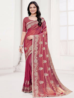 Classic Gajari Pink Floral Embroidered Organza Satin Silk Saree With Dazzling Diamond Work - Image 1