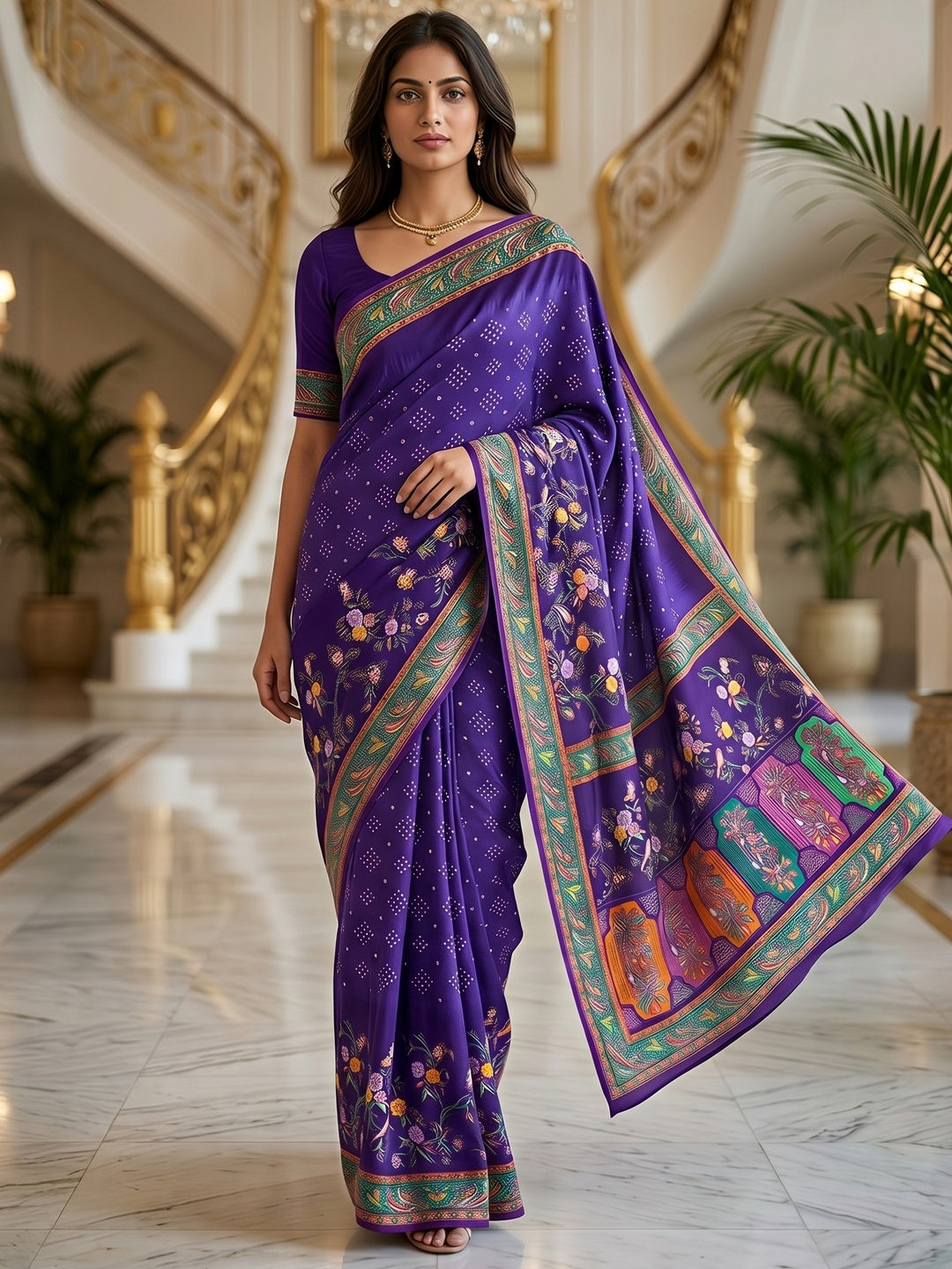 Premium Violet Bandhani & Floral Printed Dola Silk Saree With Rich Foil Work - Image 3
