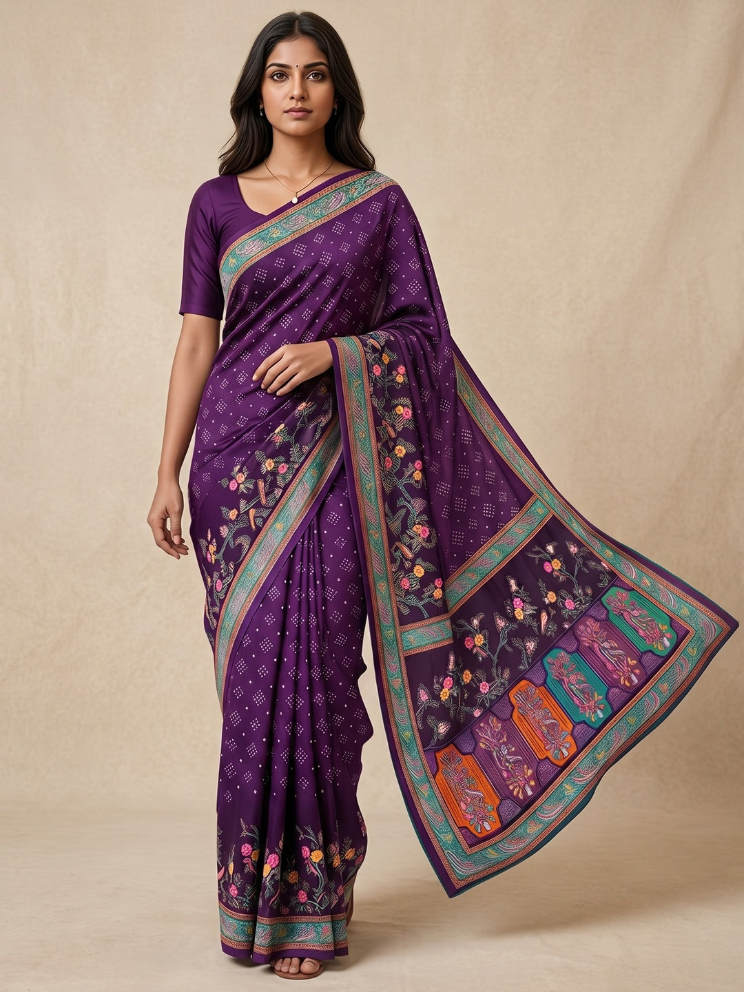 Premium Purple Bandhani & Floral Printed Dola Silk Saree With Rich Foil Work - Image 3