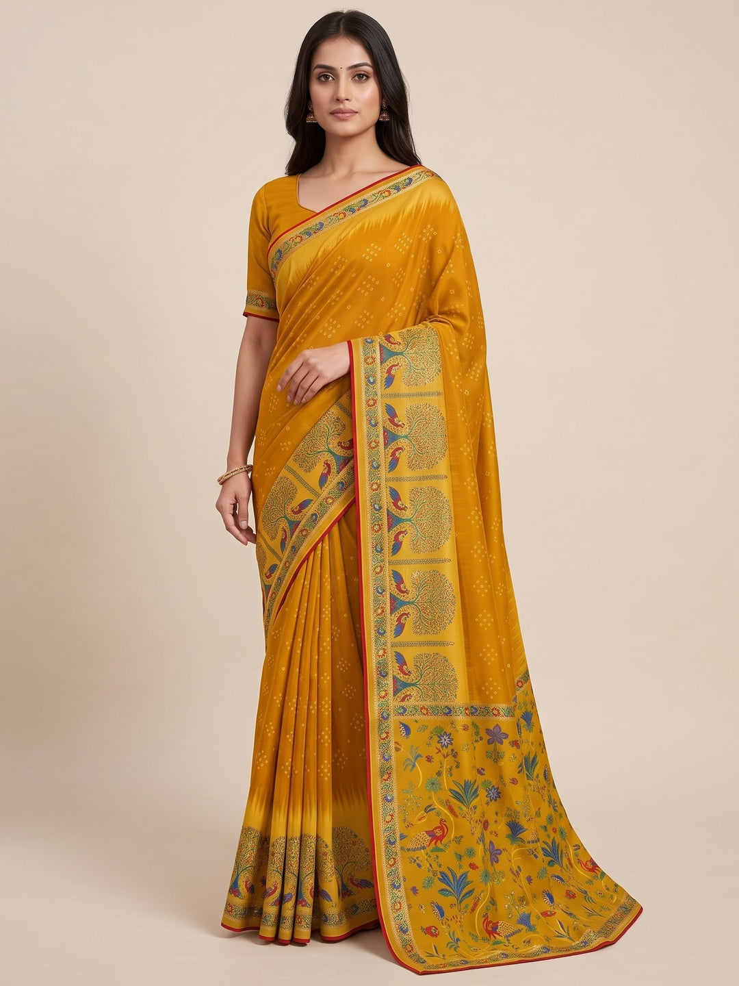 Premium Mustard Bandhani & Floral Printed Dola Silk Saree With Rich Foil Work - Image 3