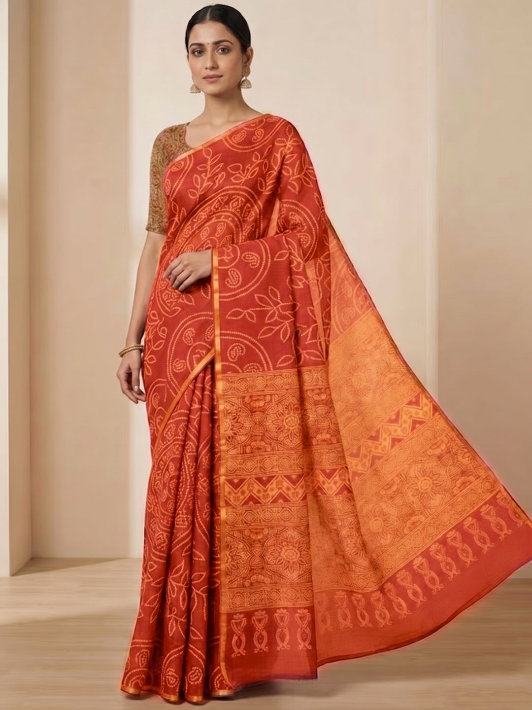 Orange Linen Saree with Bandhani Print and Ethnic Motifs - Image 3