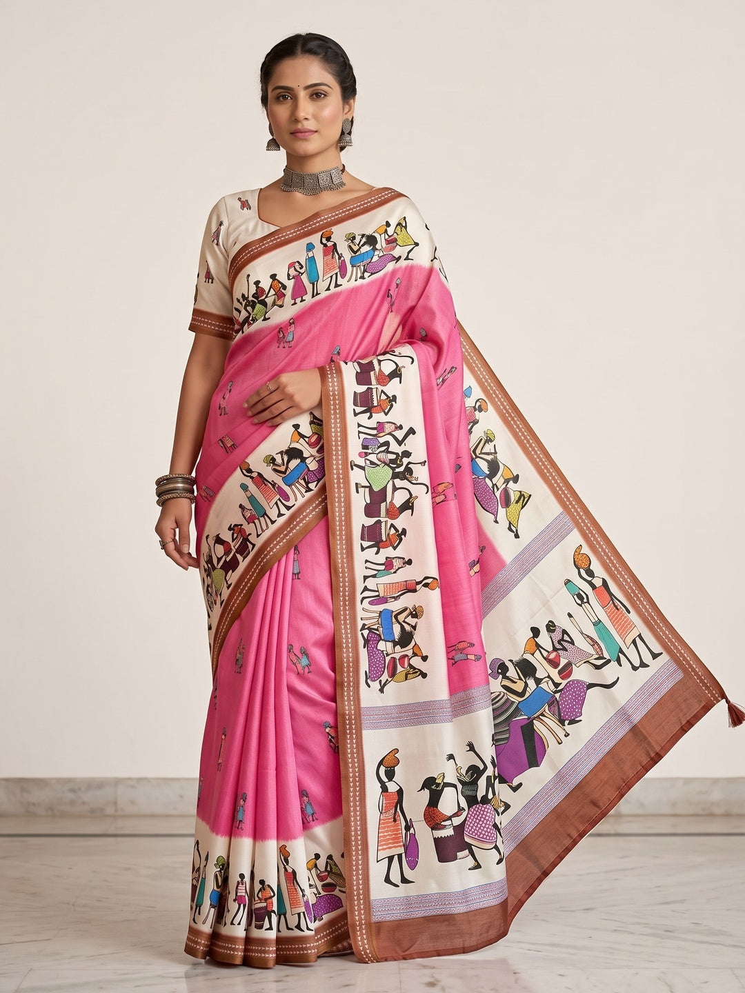 Charming Pink Warli Print Mulmul Cotton Saree Designed With Beautiful Border Work - Image 3