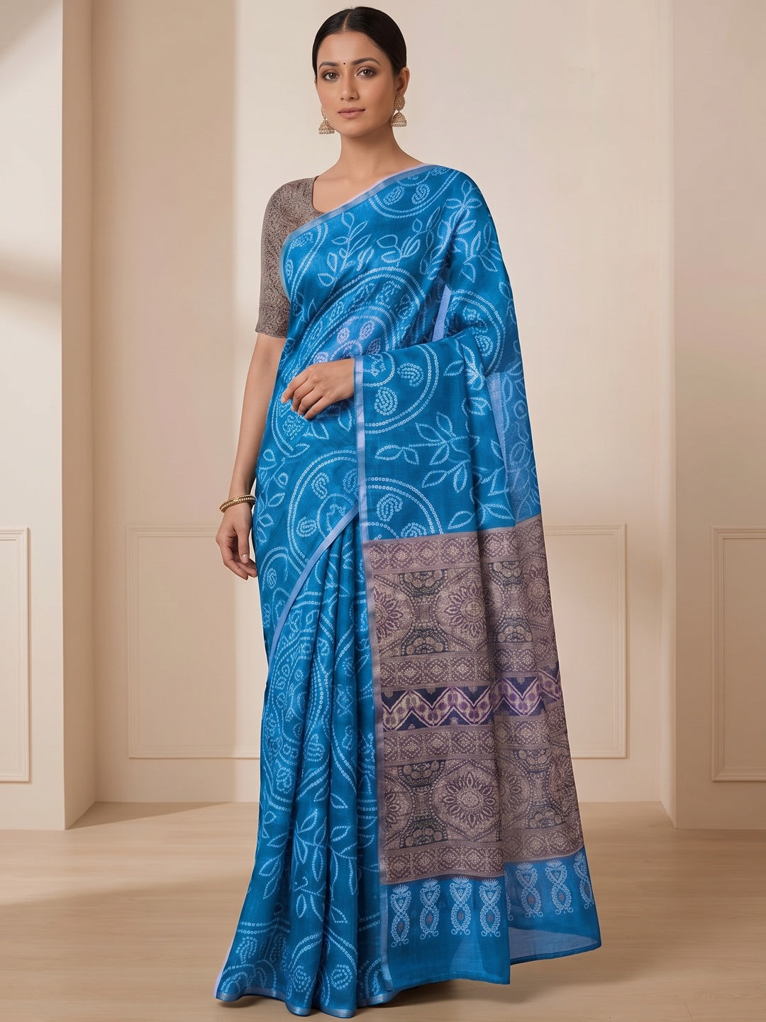 Sky Blue Linen Saree with Bandhani Print and Ethnic Motifs - Image 3