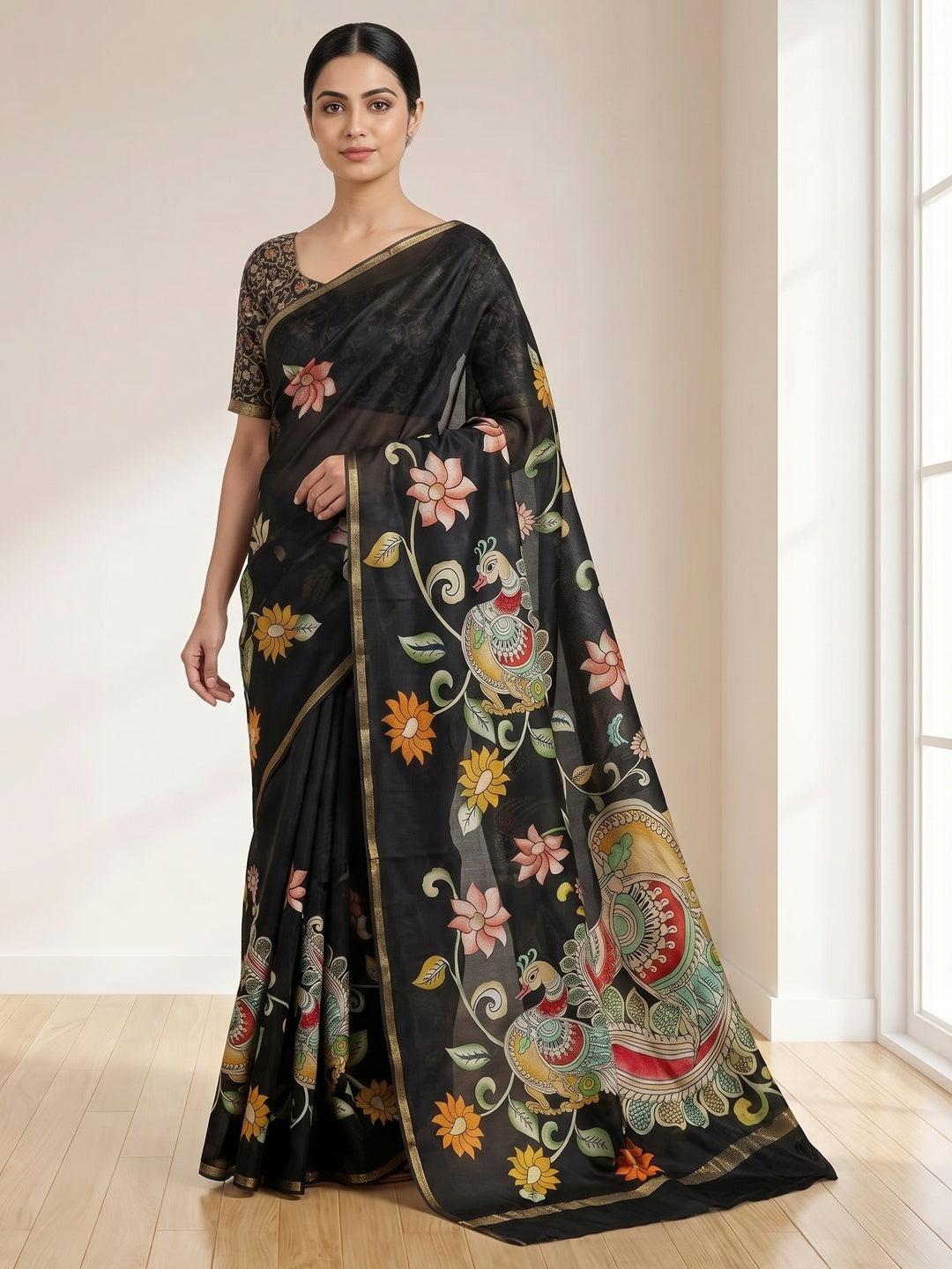 Elegant Black Chanderi Silk Saree with Kalamkari Peacock Motif - Image 3