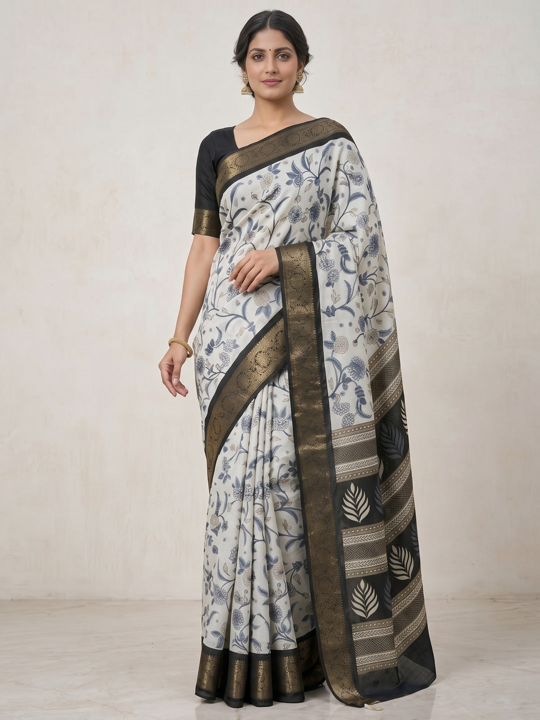 Sophisticated Offwhite Floral Print Dola Silk Saree Enhanced By Ornate Woven Border Work - Image 3