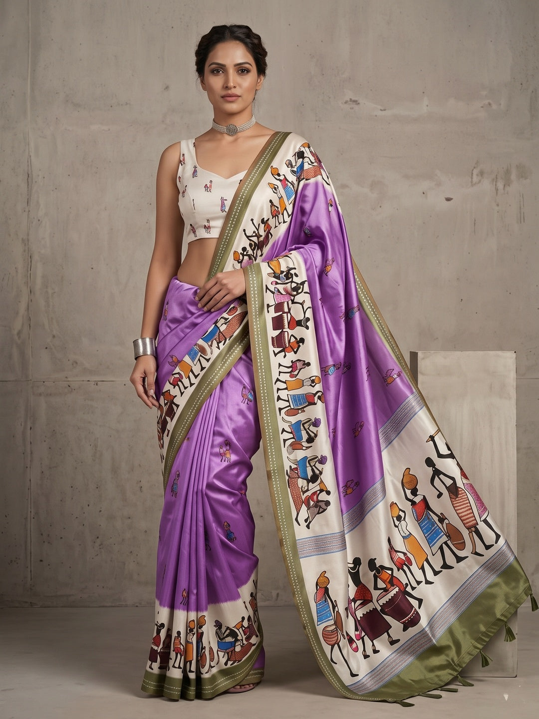 Charming Lavender Warli Print Mulmul Cotton Saree Designed With Beautiful Border Work - Image 3