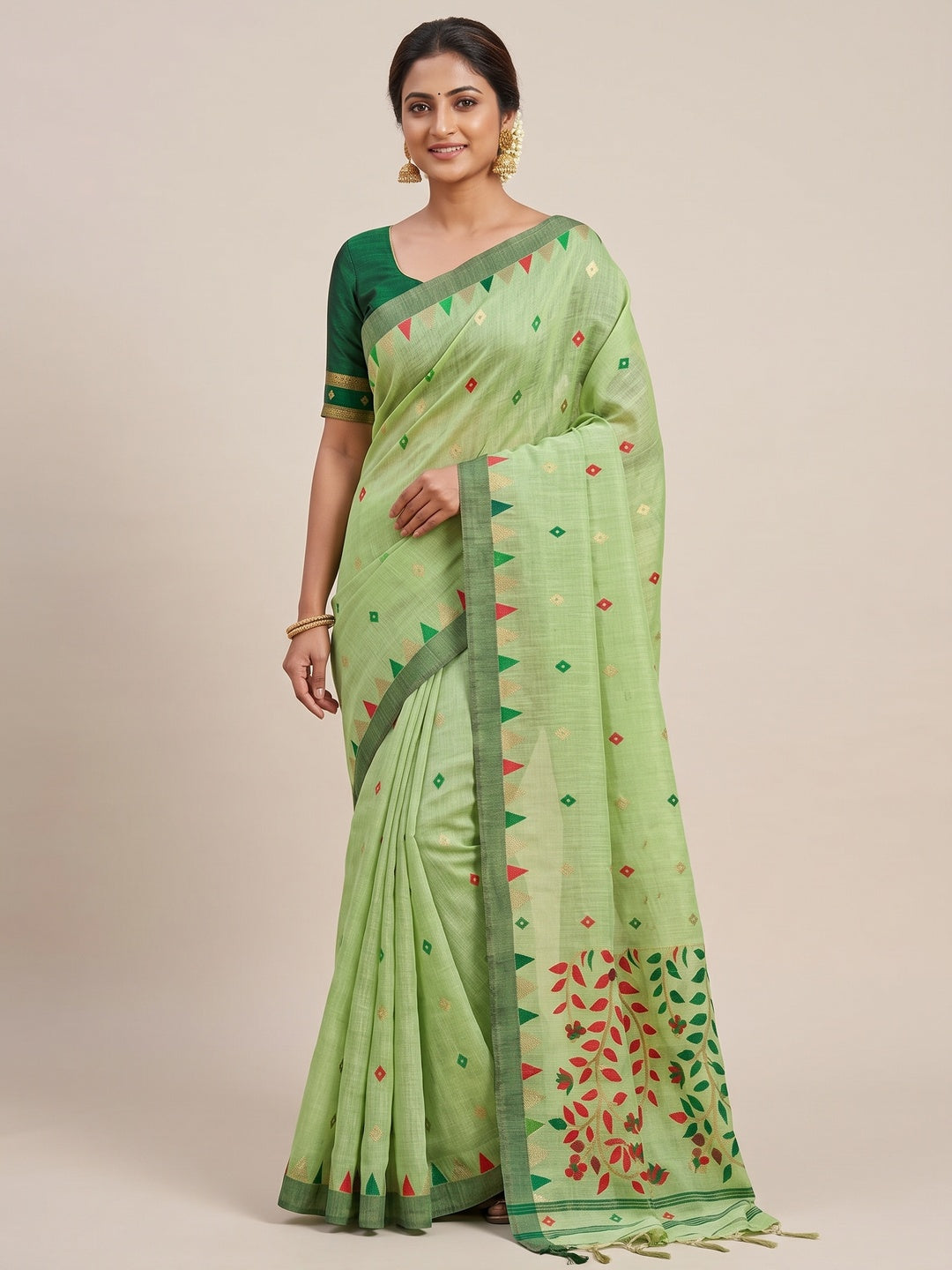 Elegant Green Cotton Blend Saree with Geometric Woven Design in Jamdani Style - Image 3