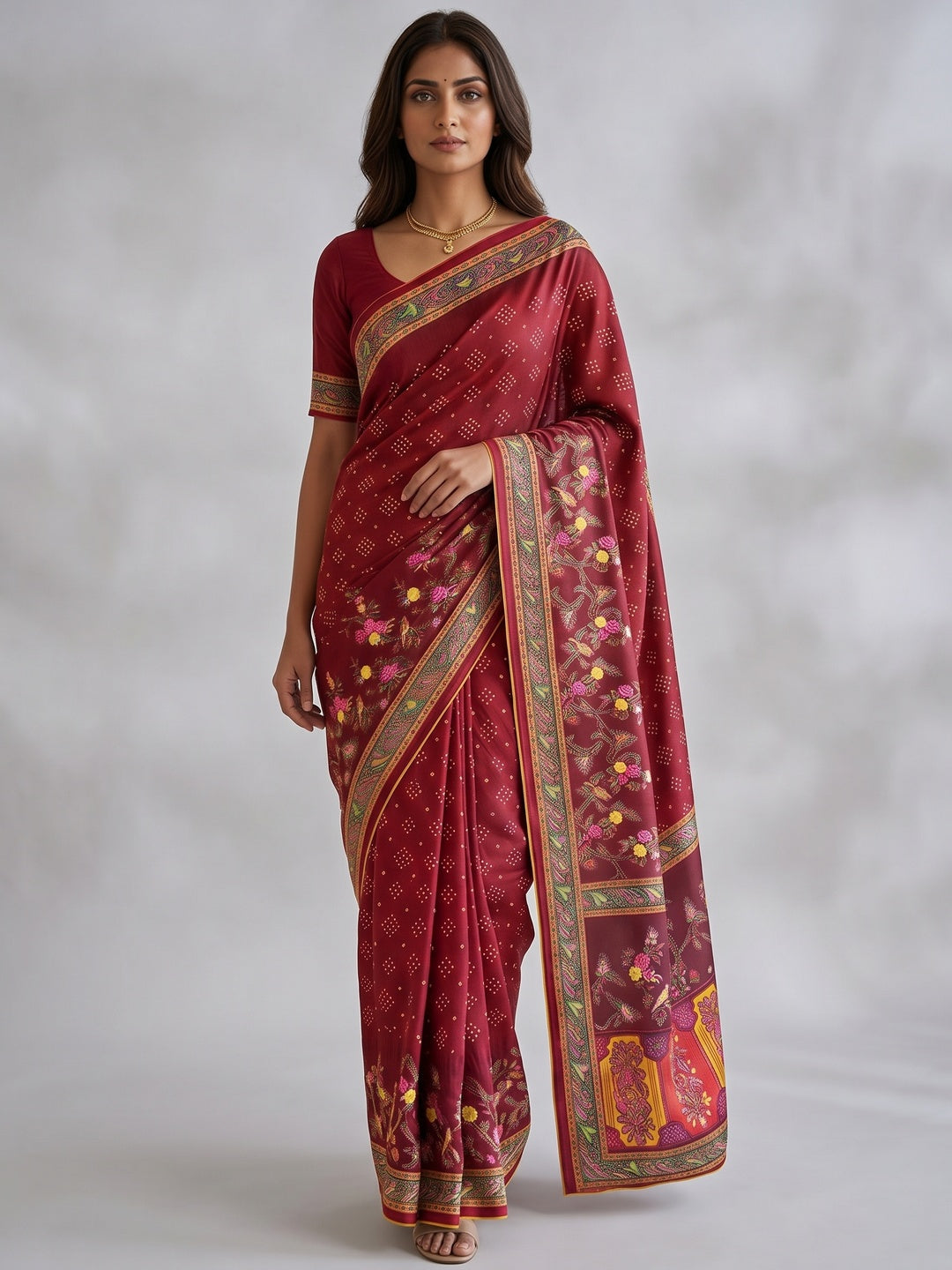 Premium Maroon Bandhani & Floral Printed Dola Silk Saree With Rich Foil Work - Image 3