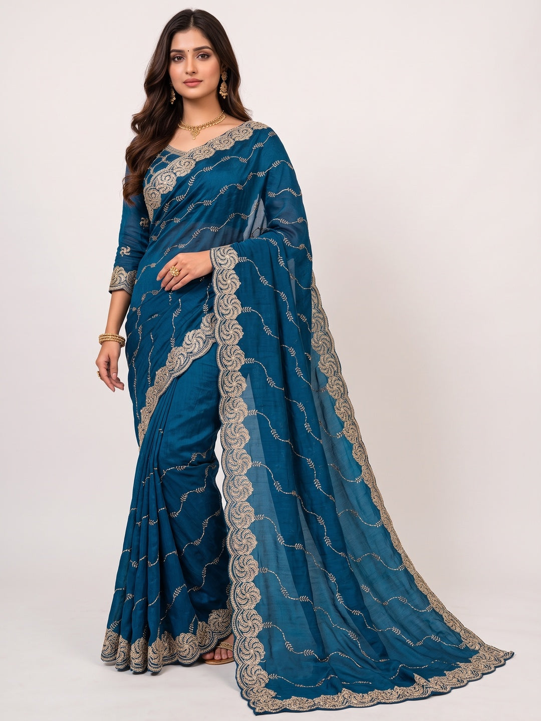 Feminine Teal Satin Saree with Sophisticated Embroidery Work - Image 3
