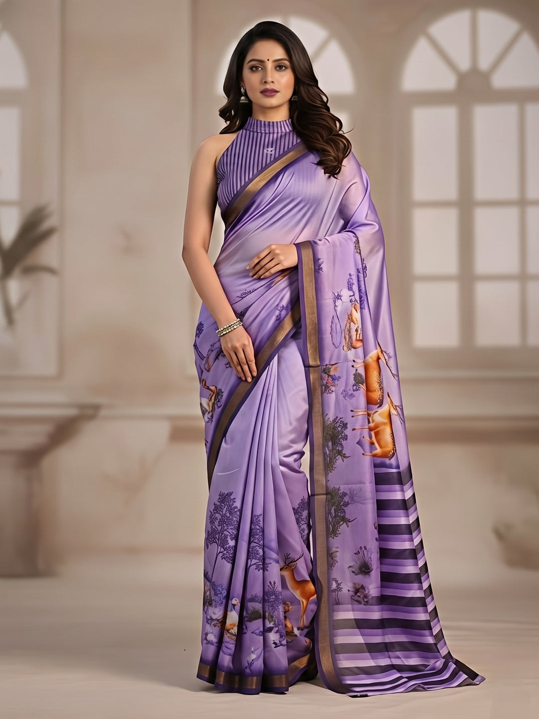 Premium Purple Digital Deer Motif Printed Mulmul Cotton Saree With Delicate Zari Border - Image 3