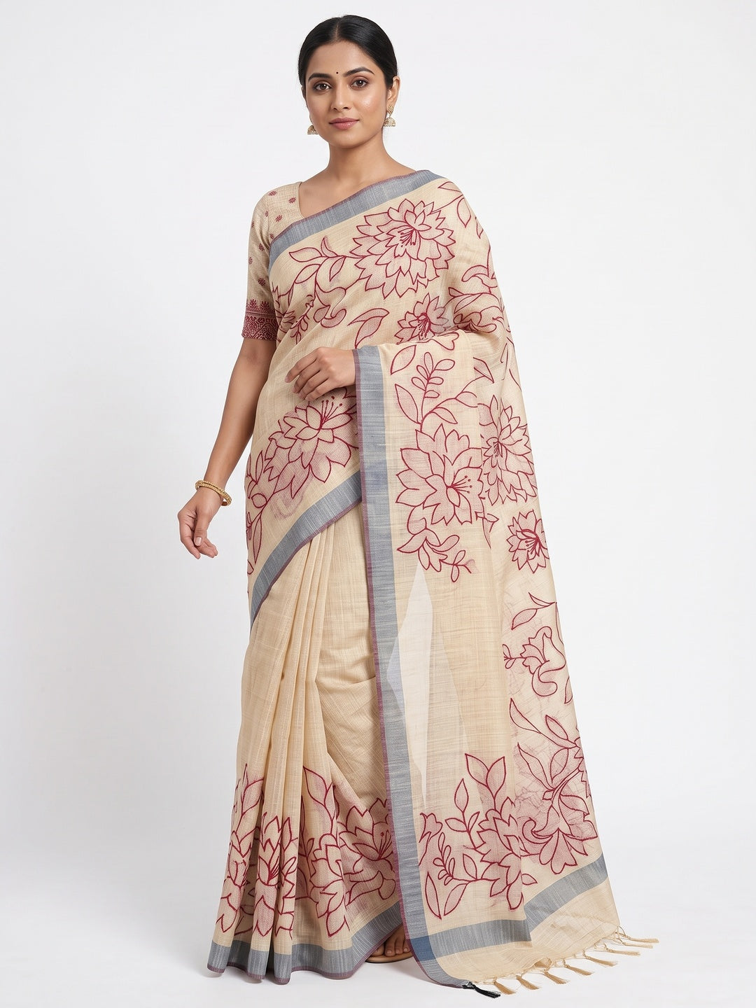 Beige Woven Cotton Blend Saree Featuring Red Floral Pattern In Jamdani Style - Image 3