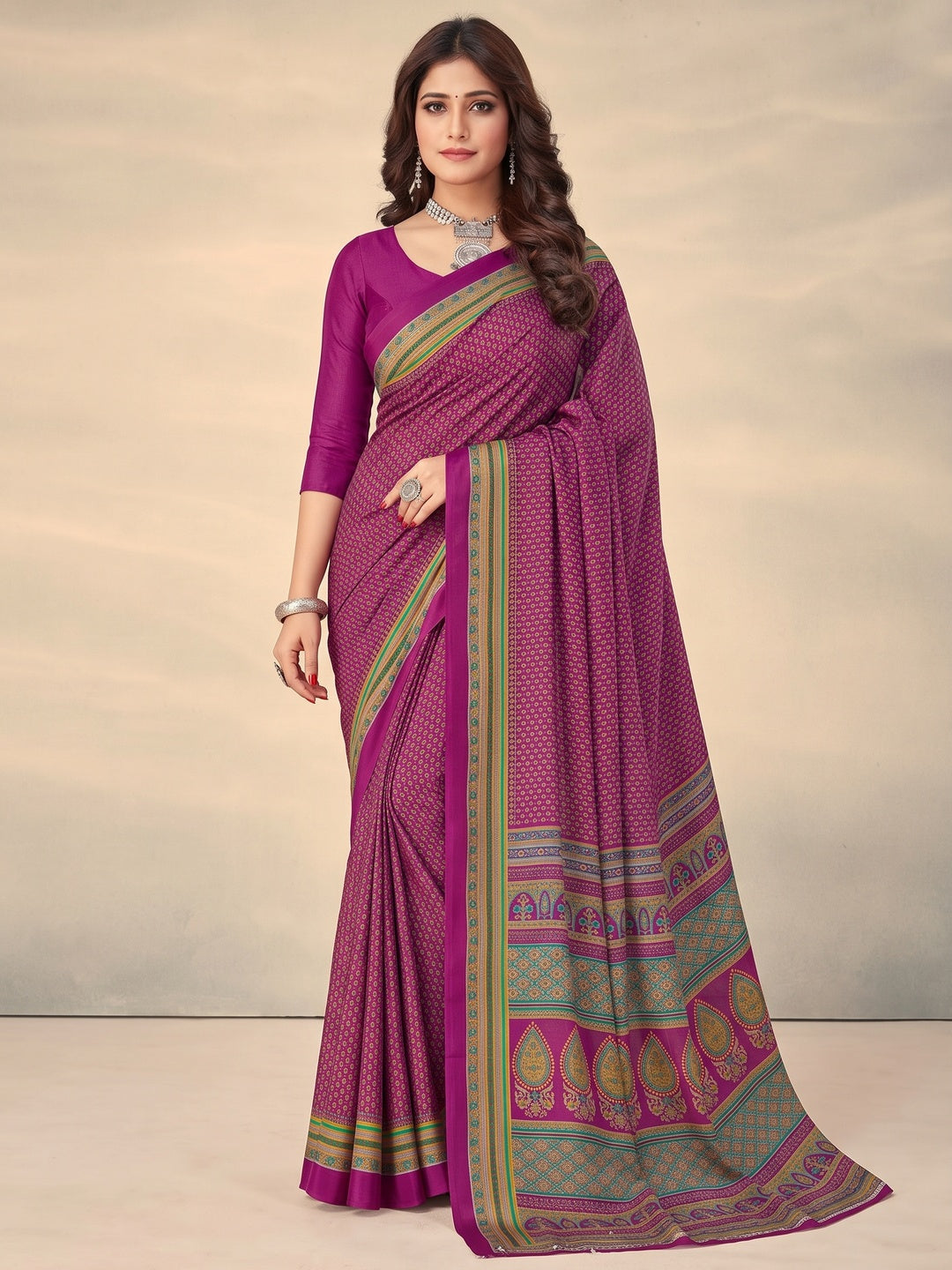 Purple Printed Crepe Saree - Image 1