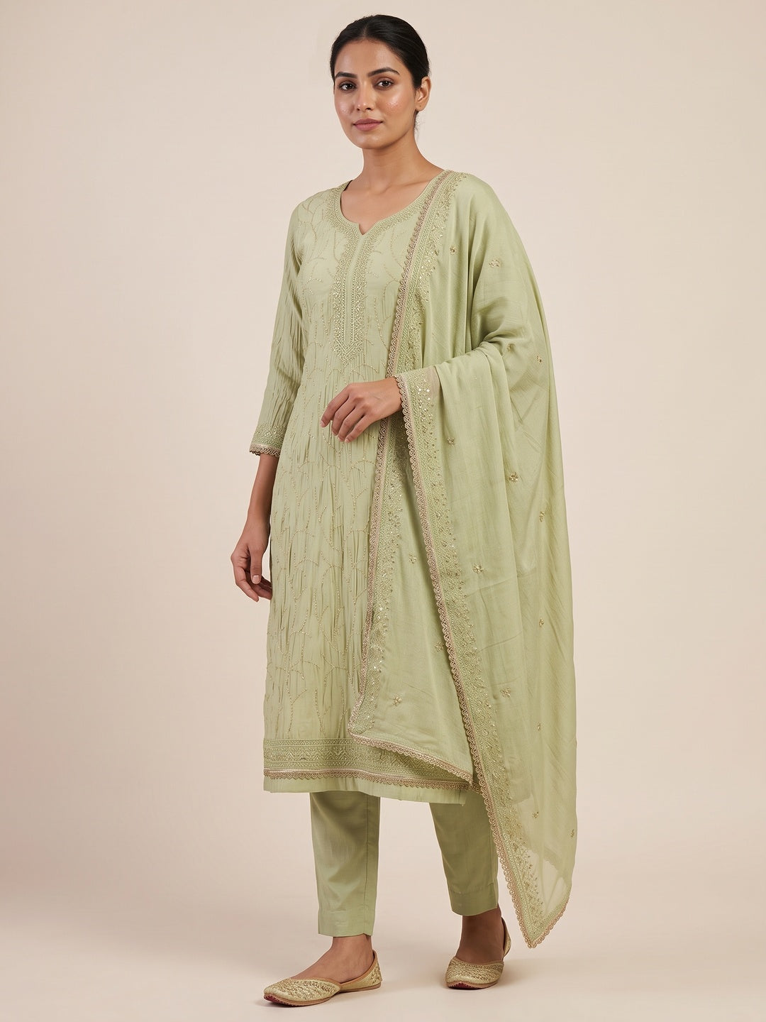 Premium Green Cotton Silk Dress Material Enhanced With Delicate Thread Embroidery & Handwork - Image 3