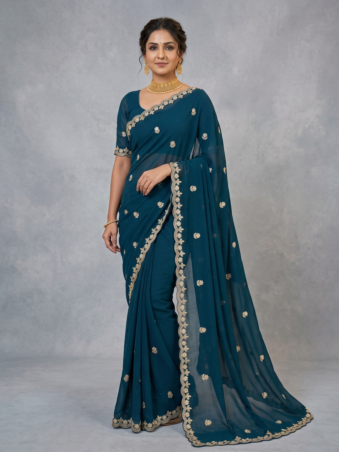 Elegant Blue Georgette Saree Embellished With Floral Zari Embroidery & Intricate Moti Work - Image 3