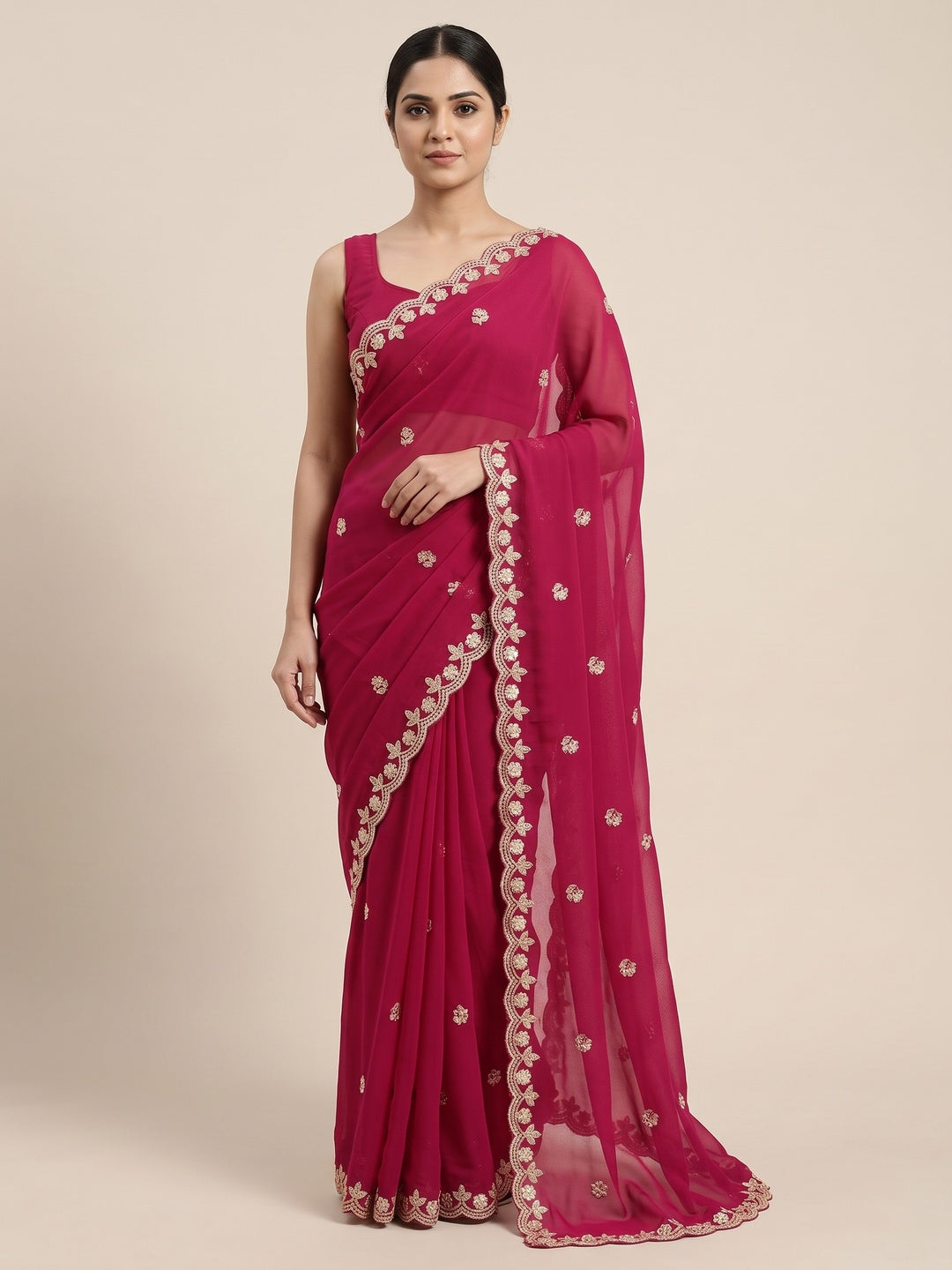 Elegant Pink Georgette Saree Embellished With Floral Zari Embroidery & Intricate Moti Work - Image 7