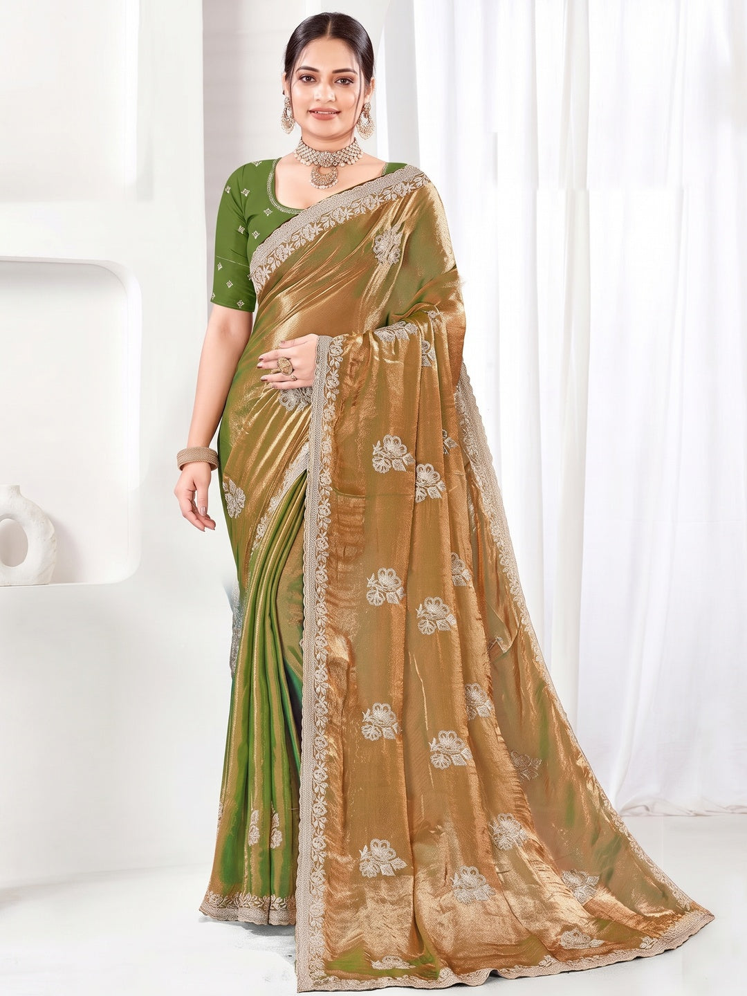 Classic Green Floral Embroidered Organza Satin Silk Saree With Shimmering Diamond Work - Image 1