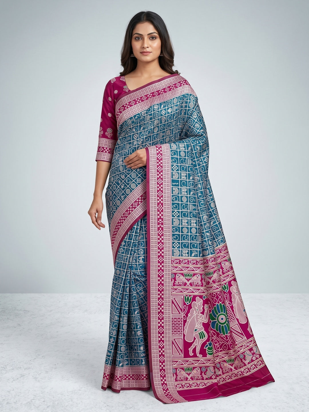 Elegant Blue Weaving Cotton Silk Saree Accented With Detailed Madhubani Folk Art Work - Image 1