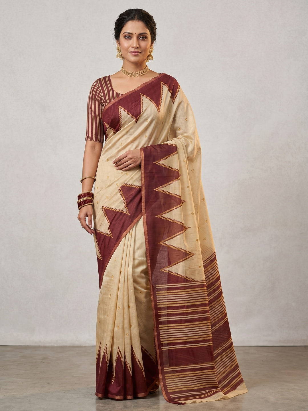 Elegant Cream Chanderi Silk Saree with Geometric Border - Image 3